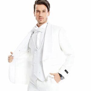 All White Mens Tuxedo - Wedding Suit - Men's One Button Vested Wide Shawl Lapel